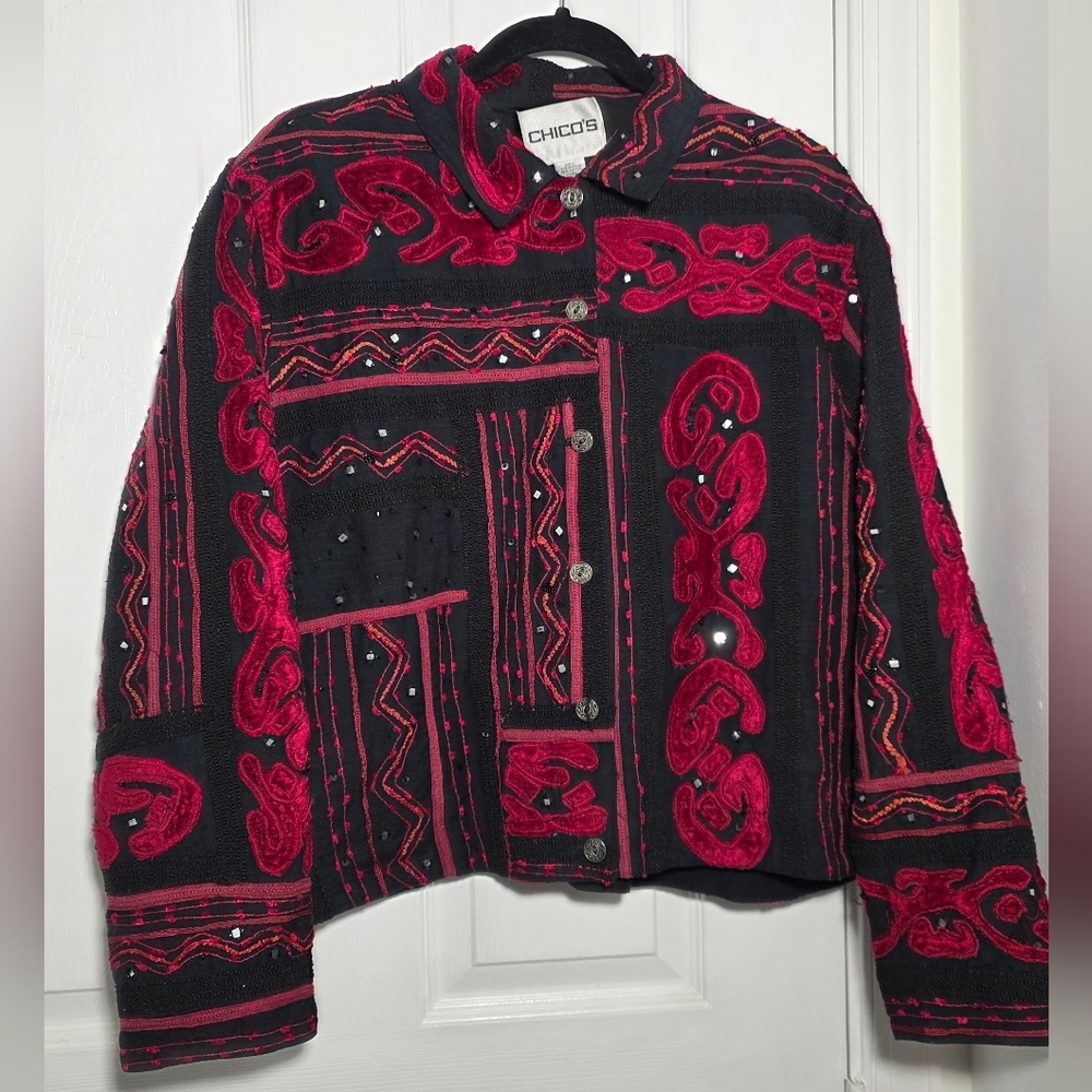 Chico's Artisan Specialty Embroidered Sequins Black Red Jacket Size 2